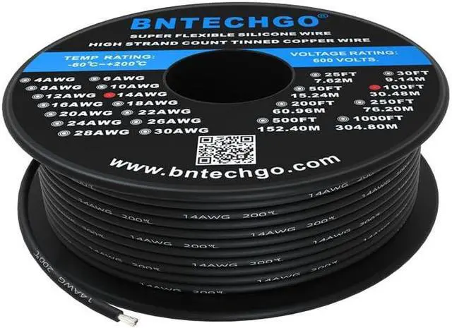 Main image of BNTECHGO 14 Gauge Silicone Wire Spool 100 ft Black Flexible 14 AWG Stranded Tinned Copper Wire
