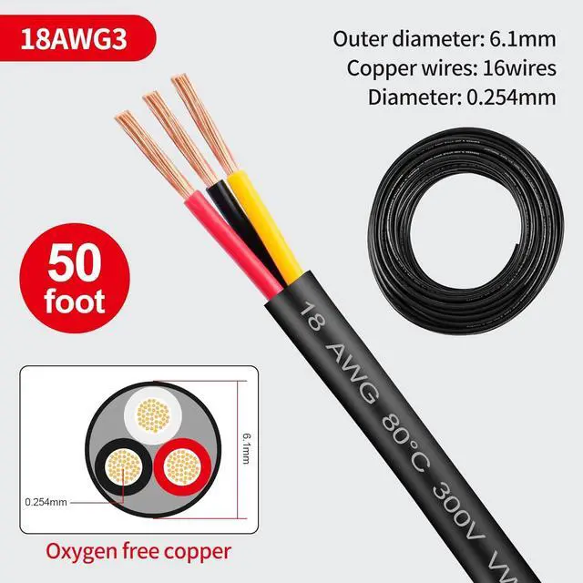 Alt view image 2 of 7 - 18 Gauge Wire 3 Conductor,18 AWG Electrical Wire Stranded PVC Cord Oxygen-Free Copper Cable,50FT 3 Core Pure Copper Flexible Cable Wire for LED Lamp Lighting Strips Automotive (50FT, 18AWG-3C)
