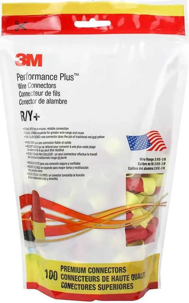 Alt view image 3 of 7 - 3M Performance Plus Wire Connector, Flexible Steel Spring Connectors, 22-8 AWG, Red and Yellow Color (R/Y+), Bag of 100