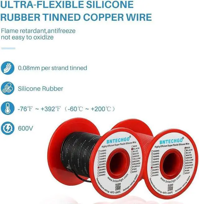 Alt view image 2 of 7 - BNTECHGO 24 Gauge Silicone Wire Spool red and Black Each 100ft Flexible 24 AWG Stranded Tinned Copper Wire