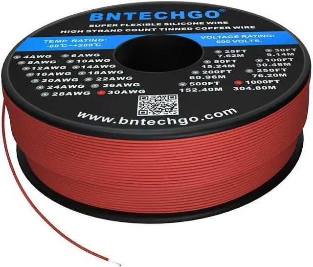 Main image of BNTECHGO 30 Gauge Silicone Wire Spool 1000 ft Red Flexible 30 AWG Stranded Tinned Copper Wire