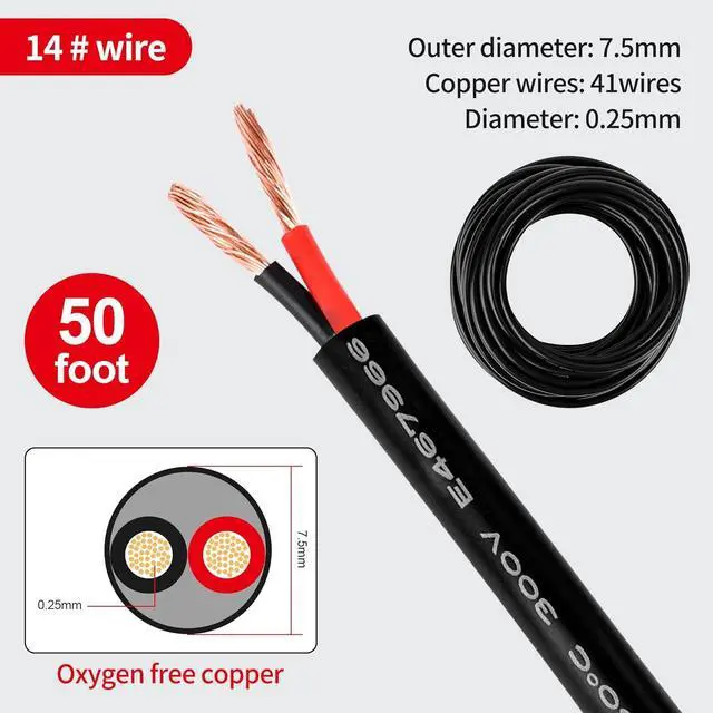 Alt view image 2 of 7 - 14 Gauge Electrical Wire 2 Conductor,14 AWG Electrical Wire Stranded PVC Cord Oxygen-Free Copper Cable,50FT 2 Core Flexible Extension Power Cord for Auto Cord for LED Lamp Lighting Strips Automotive