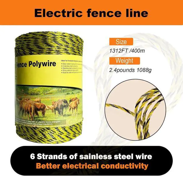 Alt view image 2 of 6 - Upgraded Electric Fence Polywire 1312feet 400 Meters,1/8 Diameter Portable Electric Fencing Polywires, 6 Stainless Steel Strands Easy to Install,Portable Electronic Fence,Yellow and Black