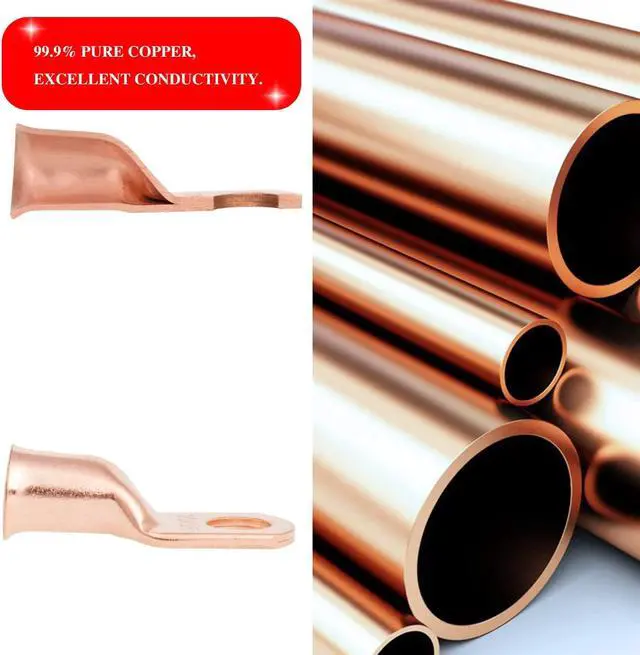 Alt view image 2 of 6 - 10PCS 2AWG - 5/16'' Heavy Duty Copper Terminals,Battery Cable Crimp Lugs,Battery Cable Ends,Bare Copper Eyelets Tubular Ring Terminals,Closed End Crimp Electric Connectors