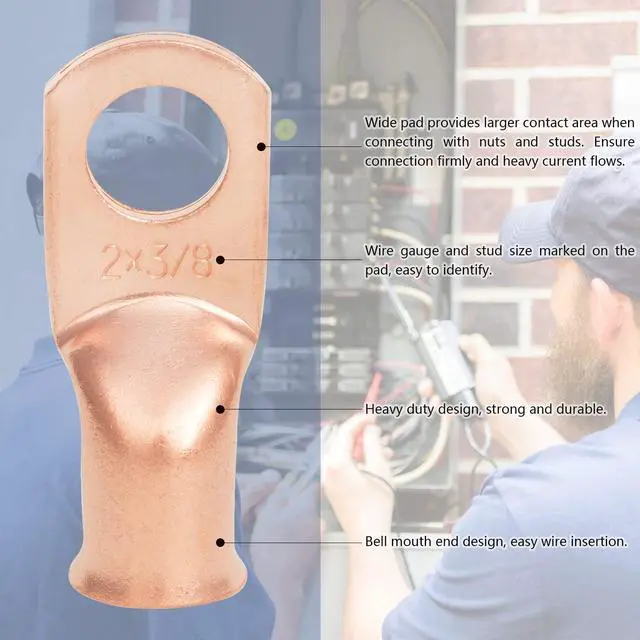 Alt view image 4 of 6 - 10PCS 2AWG - 5/16'' Heavy Duty Copper Terminals,Battery Cable Crimp Lugs,Battery Cable Ends,Bare Copper Eyelets Tubular Ring Terminals,Closed End Crimp Electric Connectors