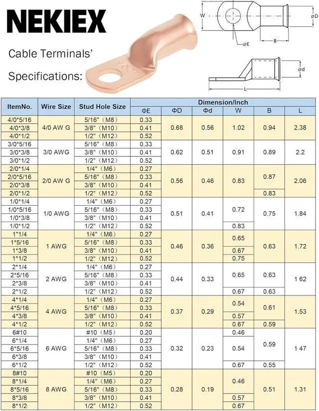 Alt view image 6 of 6 - 10PCS 2AWG - 5/16'' Heavy Duty Copper Terminals,Battery Cable Crimp Lugs,Battery Cable Ends,Bare Copper Eyelets Tubular Ring Terminals,Closed End Crimp Electric Connectors