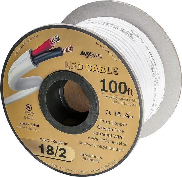 Main image of 18AWG Low Voltage LED Cable, 2 Conductor, Outdoor Rated, Jacketed in-Wall Speaker Wire UL/cUL Class 2, Sunlight Resistant (100ft Reel)