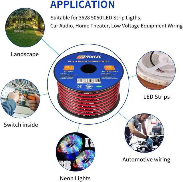 Alt view image 5 of 7 - 50FT 12/2 Gauge Speaker Wire 2 Conductors Red Black Wire Hookup LED Lighting Strips Wire Extension Cord 12 AWG Cable Copper Clad Aluminum 12V/24V DC Cable Flexible Extension Cord
