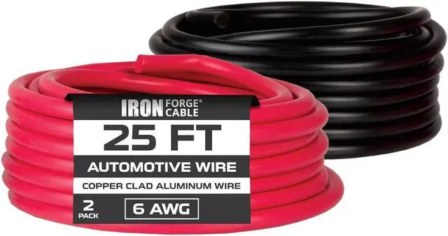 Main image of Iron Forge Cable 6 Gauge Primary Wire 2 Pack - 25ft Copper Clad Aluminum Wire - 1 Red and 1 Black
