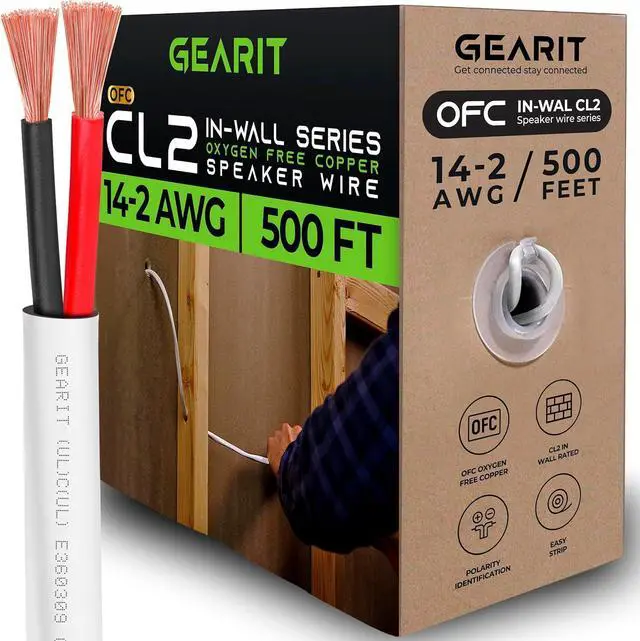 Main image of GearIT 14/2 Speaker Wire (500 Feet) 14AWG Gauge - in Wall Audio Speaker Wire Cable / CL2 Rated / 2 Conductors - OFC Oxygen-Free Copper, White 500ft