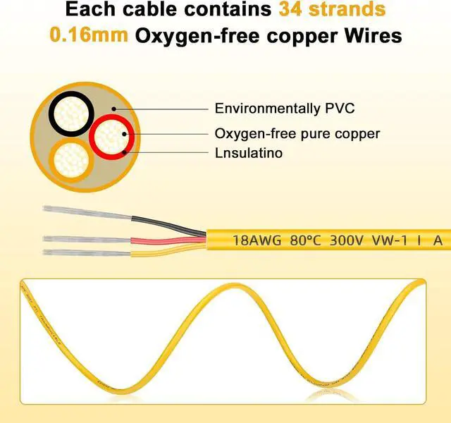 Alt view image 2 of 7 - 18 Gauge 3 Conductor Electrical Wire, 50FT/15M yellow Thermostat Wire, PVC Stranded Tinned Copper 3Wire Cable, Flexible Extension Cord