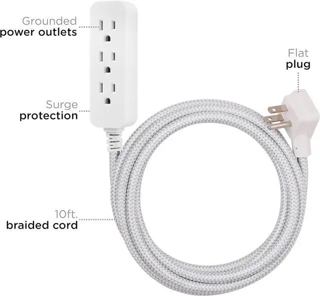 Alt view image 2 of 7 - Cordinate 3 Outlet Power Strip Surge Protector Indoor Extension Cord 16 Gauge 10 Ft 3 Prong Braided Extension Cords Flat Extension Cord ETL Listed White 37914