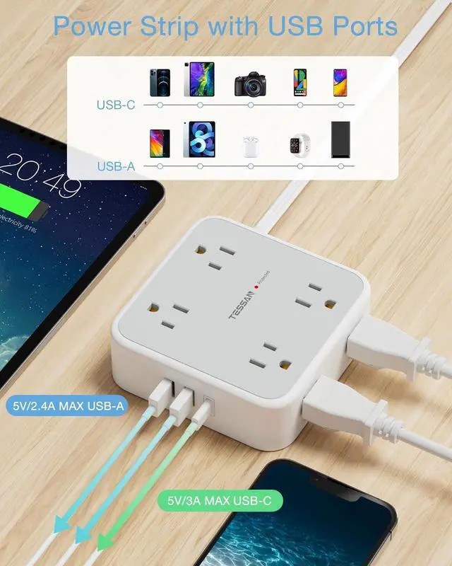 Alt view image 4 of 7 - Power Strip Surge Protector 10 Ft Cord, 8 AC Outlets, 3 USB Charger(1 USB C Port), Ultra Thin Extension Cord, Flat Plug, 900 Joules Protection, Desk Charging Station for Home, Office Essentials