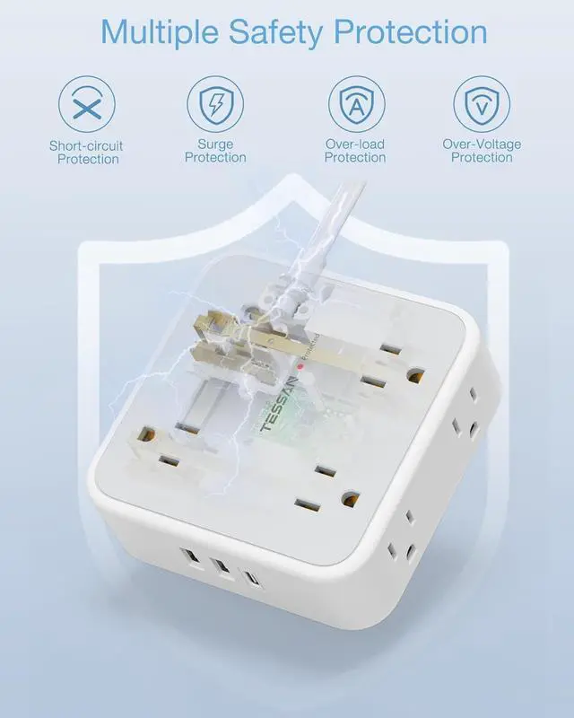 Alt view image 5 of 7 - Power Strip Surge Protector 10 Ft Cord, 8 AC Outlets, 3 USB Charger(1 USB C Port), Ultra Thin Extension Cord, Flat Plug, 900 Joules Protection, Desk Charging Station for Home, Office Essentials