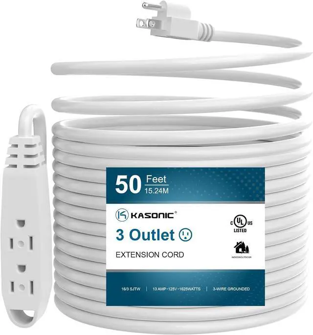 Main image of 50-Feet 3 Outlet Extension Cord, Kasonic UL Listed, 16/3 SJTW 3-Wire Grounded, 13 Amp 125 V 1625 Watts, Multi-Outlet Indoor/Outdoor Use, White
