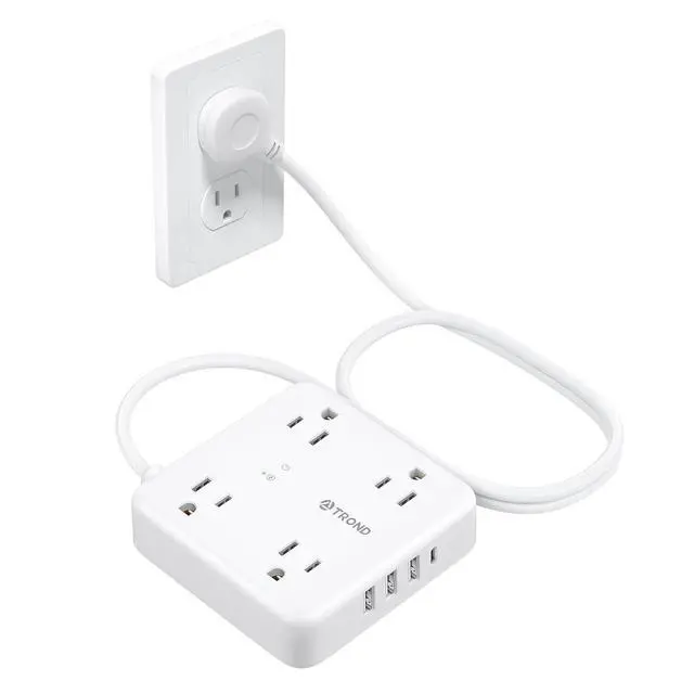 Main image of TROND Surge Protector Power Strip with USB Ports, 5ft Flat Plug Extension Cord with Multiple Outlets, 1440J, Wall Mount for Home Office Dorm Room Essentials, White