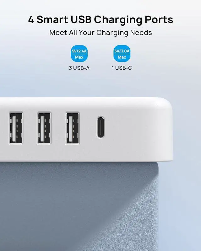 Alt view image 2 of 7 - TROND Surge Protector Power Strip with USB Ports, 5ft Flat Plug Extension Cord with Multiple Outlets, 1440J, Wall Mount for Home Office Dorm Room Essentials, White