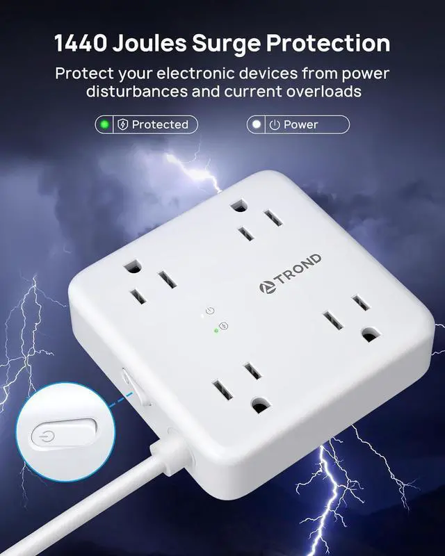 Alt view image 3 of 7 - TROND Surge Protector Power Strip with USB Ports, 5ft Flat Plug Extension Cord with Multiple Outlets, 1440J, Wall Mount for Home Office Dorm Room Essentials, White