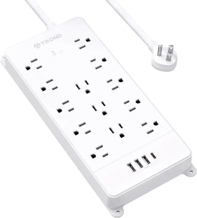 Main image of TROND Power Strip Surge Protector - White Extension Cord with USB Ports, 13 Widely-Spaced Outlets Expansion, 5ft, Flat Plug, Under Desk, Wall Mount, Heavy Duty, 4000 Joules, Office, Home, ETL Listed