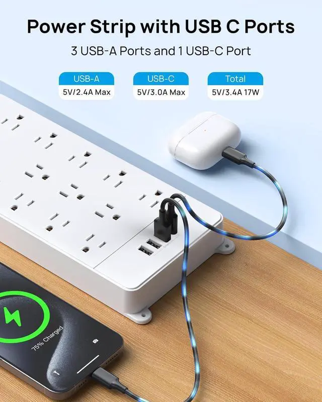 Alt view image 6 of 7 - TROND Power Strip Surge Protector - White Extension Cord with USB Ports, 13 Widely-Spaced Outlets Expansion, 5ft, Flat Plug, Under Desk, Wall Mount, Heavy Duty, 4000 Joules, Office, Home, ETL Listed