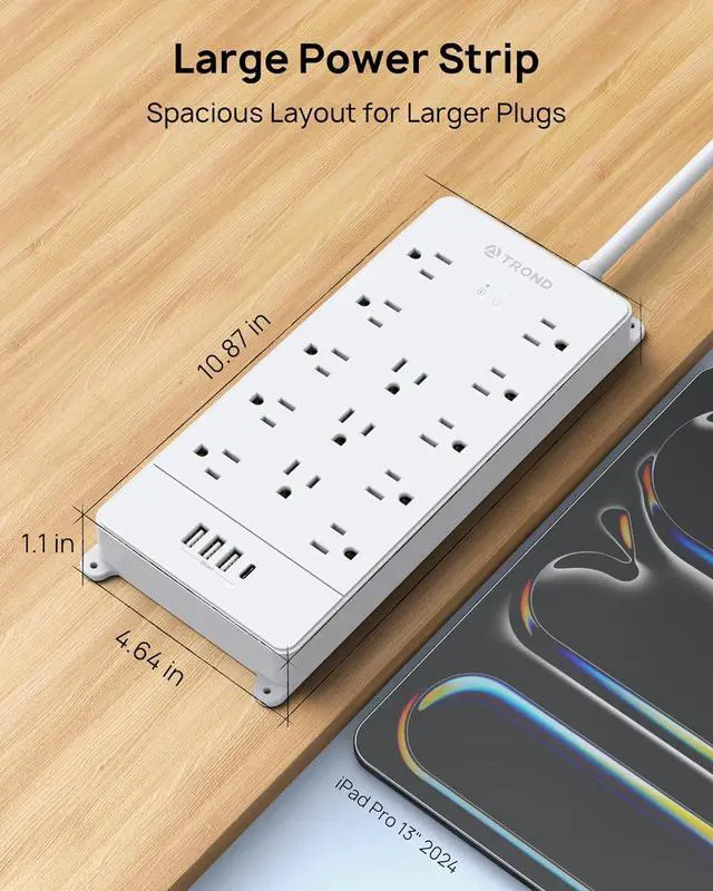 Alt view image 7 of 7 - TROND Power Strip Surge Protector - White Extension Cord with USB Ports, 13 Widely-Spaced Outlets Expansion, 5ft, Flat Plug, Under Desk, Wall Mount, Heavy Duty, 4000 Joules, Office, Home, ETL Listed