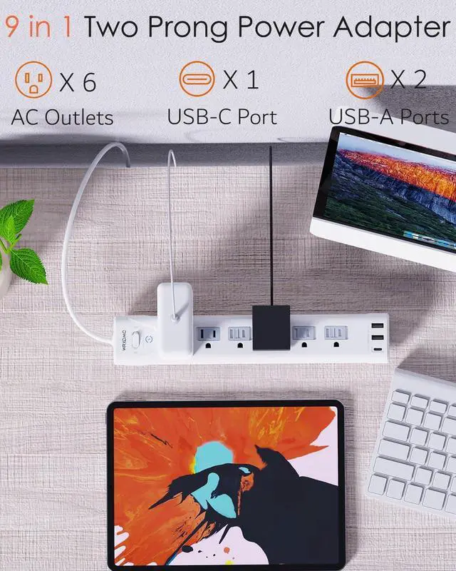 Alt view image 3 of 7 - 2 Prong Power Strip, WRXDMC 2 Prong to 3 Prong Outlet Adapter, 1680J Surge Protector, 1625W, 5ft Extension Cord with Flat Plug Polarized Plug, 6 AC Outlets & 3 USB, Wall Mountable, Ideal for Old House