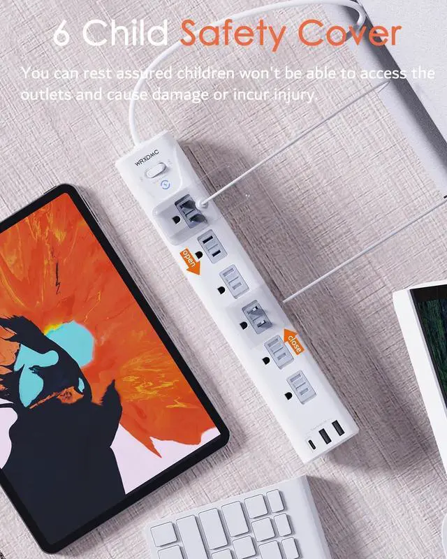 Alt view image 4 of 7 - 2 Prong Power Strip, WRXDMC 2 Prong to 3 Prong Outlet Adapter, 1680J Surge Protector, 1625W, 5ft Extension Cord with Flat Plug Polarized Plug, 6 AC Outlets & 3 USB, Wall Mountable, Ideal for Old House