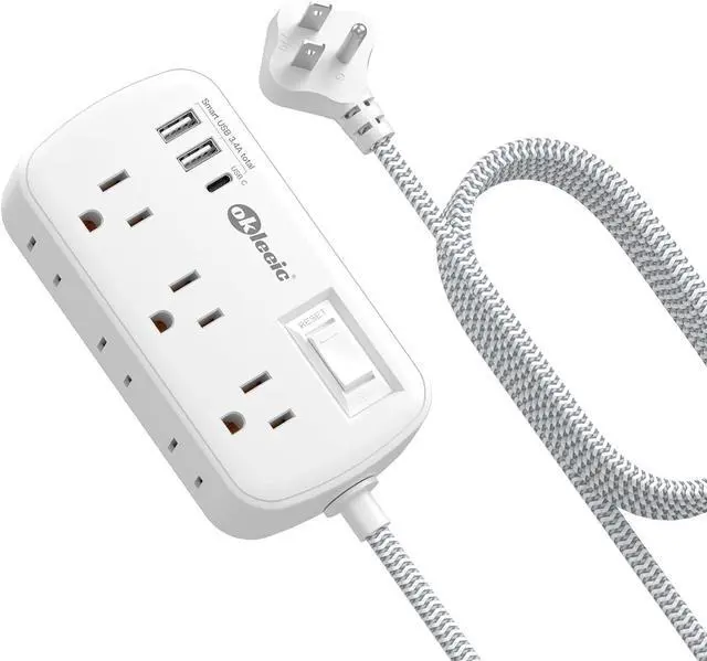 Main image of Long Extension Cord 20 ft - Flat Plug Small Power Strip Surge Protetor with 6 Outlets 3 USB (5V/3.4A 17W) Charging Ports, Multi Plug Wall Outlet Splitter for Home Office Dorm Roomc, White