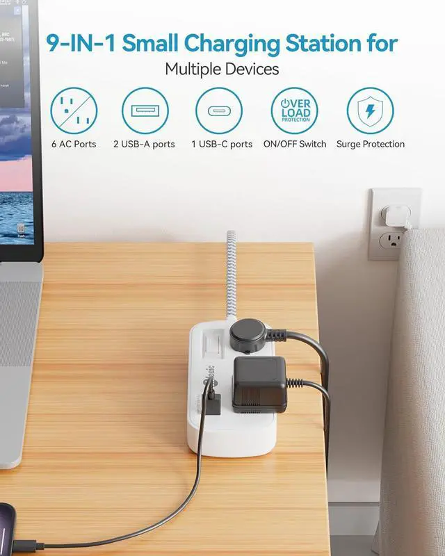 Alt view image 3 of 7 - Long Extension Cord 20 ft - Flat Plug Small Power Strip Surge Protetor with 6 Outlets 3 USB (5V/3.4A 17W) Charging Ports, Multi Plug Wall Outlet Splitter for Home Office Dorm Roomc, White