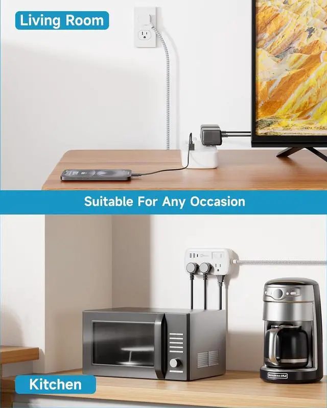 Alt view image 6 of 7 - Long Extension Cord 20 ft - Flat Plug Small Power Strip Surge Protetor with 6 Outlets 3 USB (5V/3.4A 17W) Charging Ports, Multi Plug Wall Outlet Splitter for Home Office Dorm Roomc, White