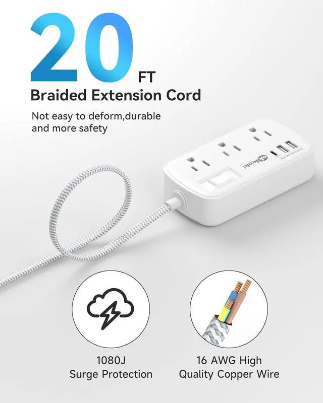 Alt view image 2 of 7 - Long Extension Cord 20 ft - Flat Plug Small Power Strip Surge Protetor with 6 Outlets 3 USB (5V/3.4A 17W) Charging Ports, Multi Plug Wall Outlet Splitter for Home Office Dorm Roomc, White