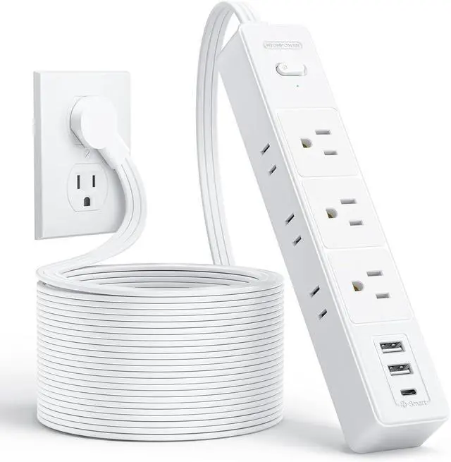 Main image of NTONPOWER Flat Extension Cord 15 ft, 1080J Surge Protector with Long Cord, 1625W Overload Protection, 6 Widely Outlets and 3 USB Ports(1 USB C), Ultra Thin Flat Plug Extension Cord for Home, Dorm Room