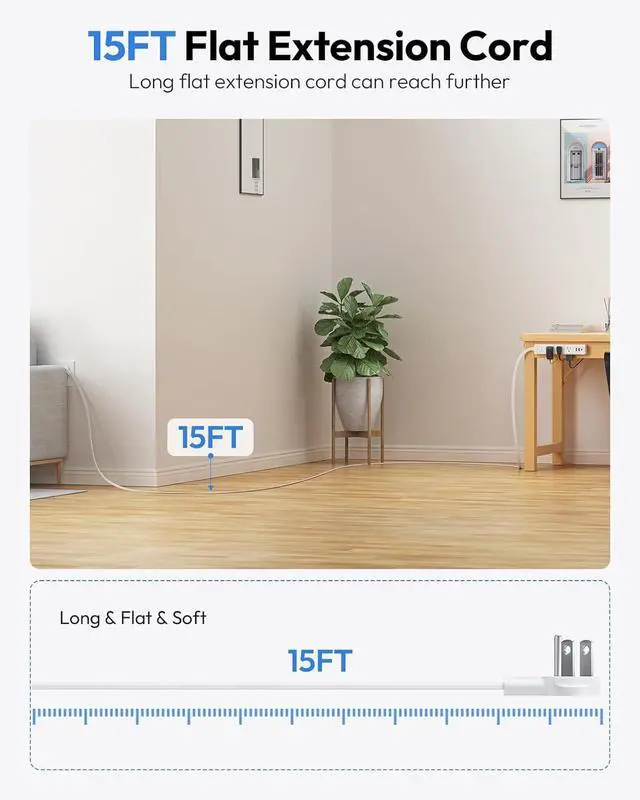 Alt view image 2 of 7 - NTONPOWER Flat Extension Cord 15 ft, 1080J Surge Protector with Long Cord, 1625W Overload Protection, 6 Widely Outlets and 3 USB Ports(1 USB C), Ultra Thin Flat Plug Extension Cord for Home, Dorm Room