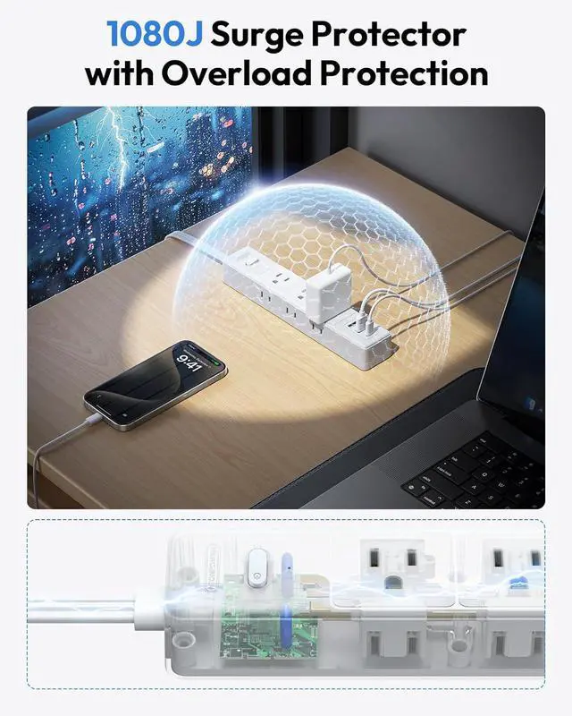 Alt view image 4 of 7 - NTONPOWER Flat Extension Cord 15 ft, 1080J Surge Protector with Long Cord, 1625W Overload Protection, 6 Widely Outlets and 3 USB Ports(1 USB C), Ultra Thin Flat Plug Extension Cord for Home, Dorm Room