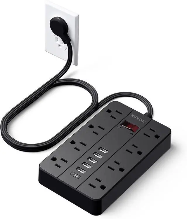 Main image of Power Strip with USB Ports, HUNIAN 5 Ft Extension Cord Flat Plug with 8 Outlets, 6 USB Charger(1 USB C Port), Indoor Desk Charging Station Surge Protector for Home and Office Accessories, Black