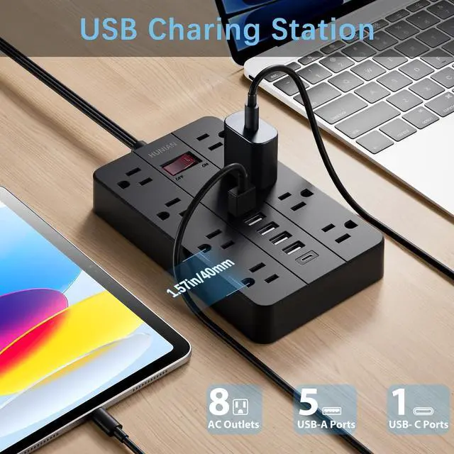 Alt view image 2 of 7 - Power Strip with USB Ports, HUNIAN 5 Ft Extension Cord Flat Plug with 8 Outlets, 6 USB Charger(1 USB C Port), Indoor Desk Charging Station Surge Protector for Home and Office Accessories, Black