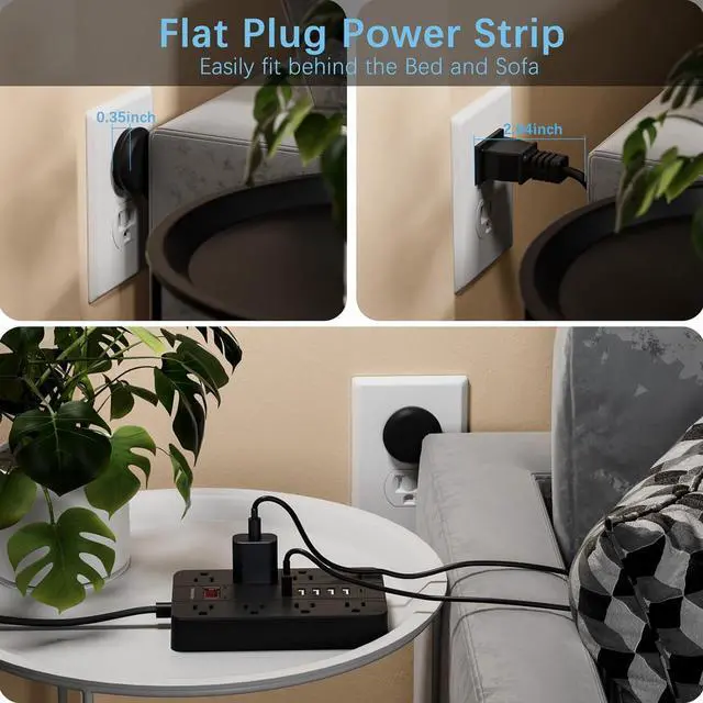Alt view image 3 of 7 - Power Strip with USB Ports, HUNIAN 5 Ft Extension Cord Flat Plug with 8 Outlets, 6 USB Charger(1 USB C Port), Indoor Desk Charging Station Surge Protector for Home and Office Accessories, Black
