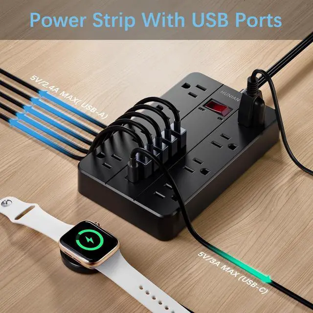 Alt view image 4 of 7 - Power Strip with USB Ports, HUNIAN 5 Ft Extension Cord Flat Plug with 8 Outlets, 6 USB Charger(1 USB C Port), Indoor Desk Charging Station Surge Protector for Home and Office Accessories, Black