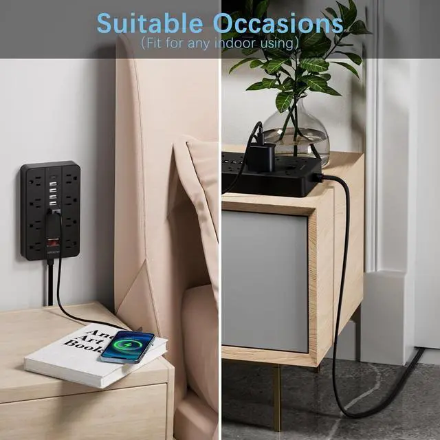 Alt view image 5 of 7 - Power Strip with USB Ports, HUNIAN 5 Ft Extension Cord Flat Plug with 8 Outlets, 6 USB Charger(1 USB C Port), Indoor Desk Charging Station Surge Protector for Home and Office Accessories, Black
