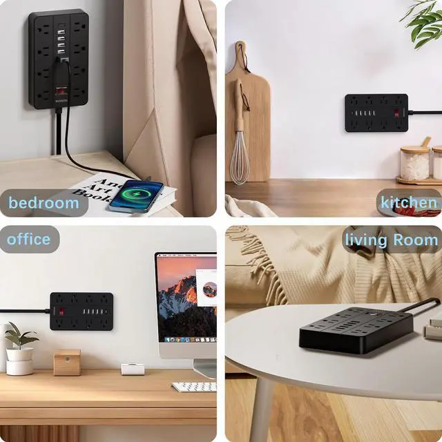 Alt view image 7 of 7 - Power Strip with USB Ports, HUNIAN 5 Ft Extension Cord Flat Plug with 8 Outlets, 6 USB Charger(1 USB C Port), Indoor Desk Charging Station Surge Protector for Home and Office Accessories, Black