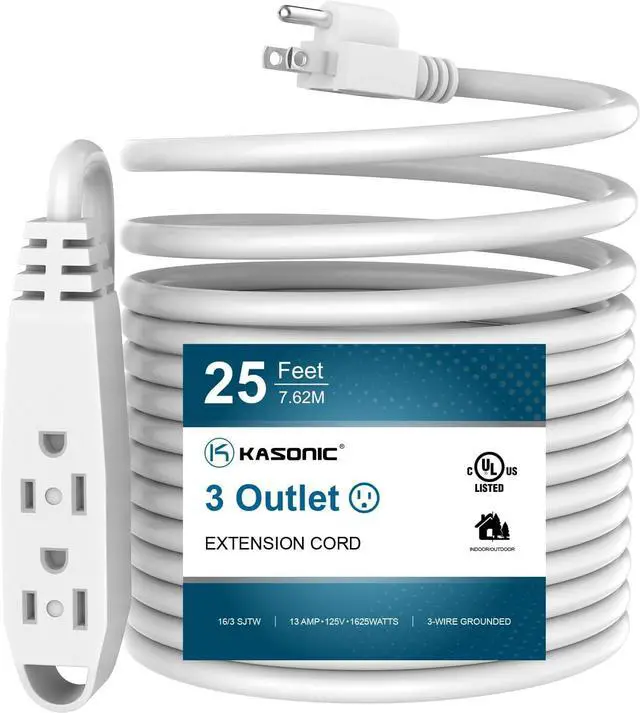 Main image of 25-Feet 3 Outlet Extension Cord, Kasonic UL Listed, 16/3 SJTW 3-Wire Grounded, 13 Amp 125 V 1625 Watts, Multi-Outlet Indoor/Outdoor Use, White