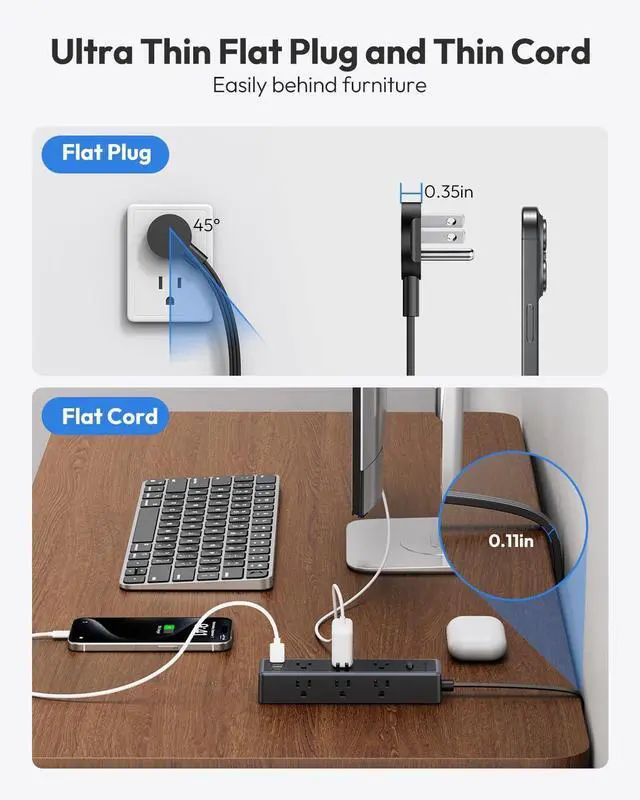 Alt view image 6 of 7 - Flat Extension Cord 15 FTSurge Protector Power Strip with 9 Widely Outlets and 3 USB Ports (1 USB-C), Flat Extension Cord with Multiple Outlets, 1080 Joule, Wall Mount, for Home Office, Dorm,Black