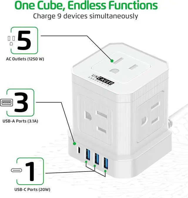 Alt view image 3 of 7 - Cube Power Strips with Surge Protection, 10ft Extension Cord with Multiple Outlets, 5 Ac Plugs, 3 USB, 1 Usbc Fast Charging Power Strip with USB Ports, Mountable On/Off Switch Charging Station