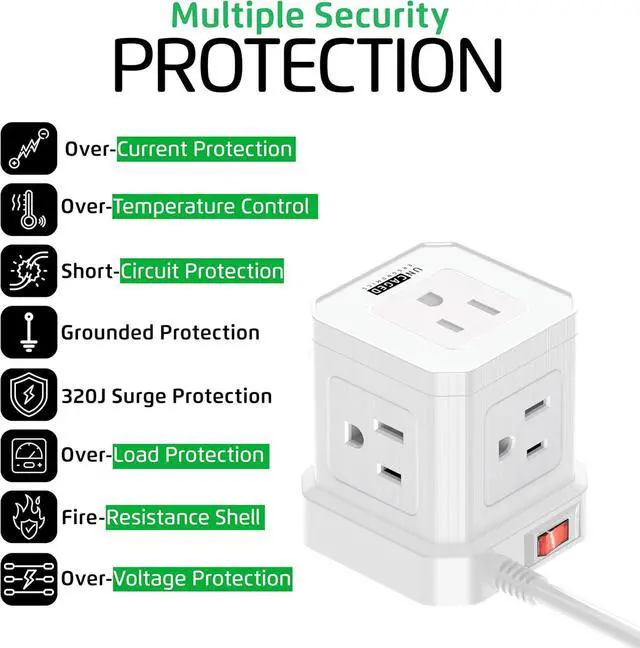 Alt view image 4 of 7 - Cube Power Strips with Surge Protection, 10ft Extension Cord with Multiple Outlets, 5 Ac Plugs, 3 USB, 1 Usbc Fast Charging Power Strip with USB Ports, Mountable On/Off Switch Charging Station