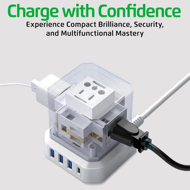 Alt view image 5 of 7 - Cube Power Strips with Surge Protection, 10ft Extension Cord with Multiple Outlets, 5 Ac Plugs, 3 USB, 1 Usbc Fast Charging Power Strip with USB Ports, Mountable On/Off Switch Charging Station