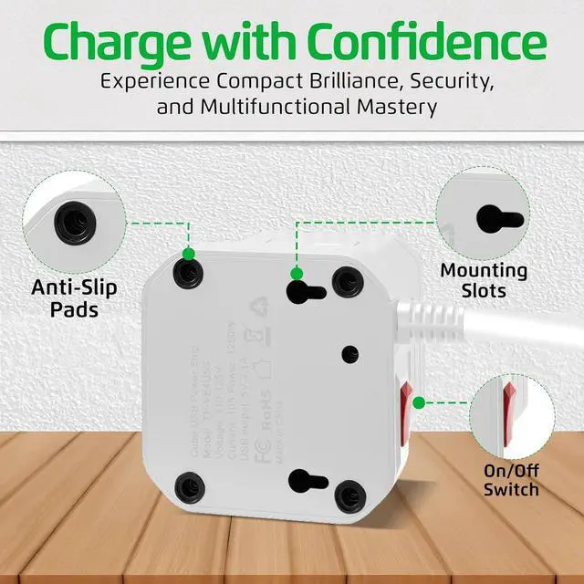 Alt view image 7 of 7 - Cube Power Strips with Surge Protection, 10ft Extension Cord with Multiple Outlets, 5 Ac Plugs, 3 USB, 1 Usbc Fast Charging Power Strip with USB Ports, Mountable On/Off Switch Charging Station