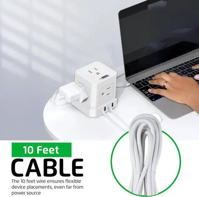 Alt view image 6 of 7 - Cube Power Strips with Surge Protection, 10ft Extension Cord with Multiple Outlets, 5 Ac Plugs, 3 USB, 1 Usbc Fast Charging Power Strip with USB Ports, Mountable On/Off Switch Charging Station