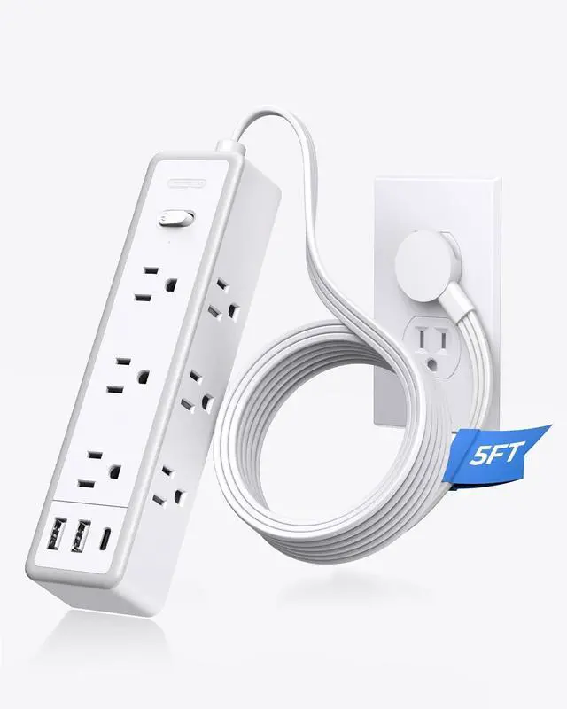 Main image of Surge Protector Power Strip, Flat Extension Cord with 9 Widely Outlets 3 USB Ports(1 USB-C), 1080 Joules, 5 FT, Multiple Outlets, Wall Mount, Flat Plug for Indoor Home Office, Dorm Essentials, White