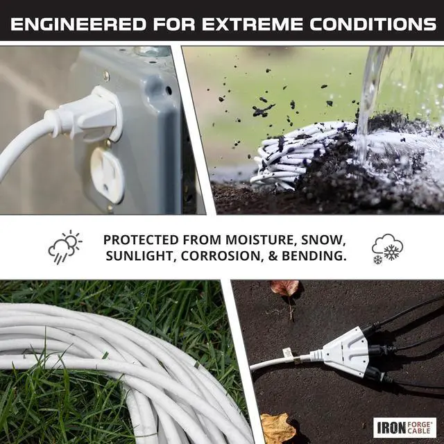 Alt view image 3 of 7 - Iron Forge Cable 15ft White Outdoor Extension Cord with 3 Outlets - 16/3 SJTW 15ft Extension Cord 3 Prong, 13 Amp All-Weather Heavy Duty Power Cable