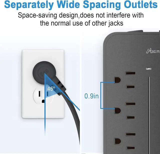 Alt view image 3 of 7 - 15FT Surge Protector Power Strip Extension Cord with USB C, Asamoom Flat Plug Power Strip with Long Cord, 8 Outlets and 3 USB A & 1 USB-C Port,1700J Wall Mount Desk Multiple Outlets Black